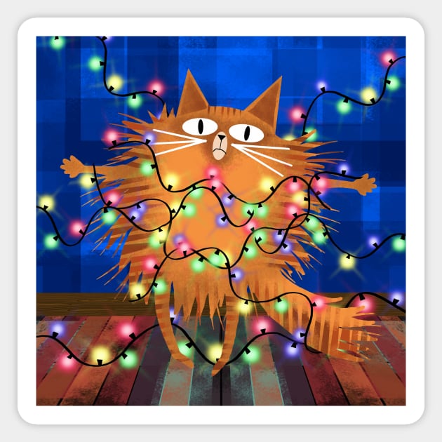 Ginger Cat Entangled by Christmas Tree Lights Sticker by Scratch